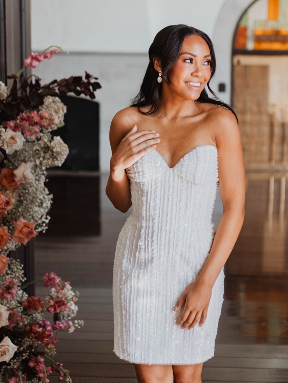 Strapless White Beaded Mini Dress